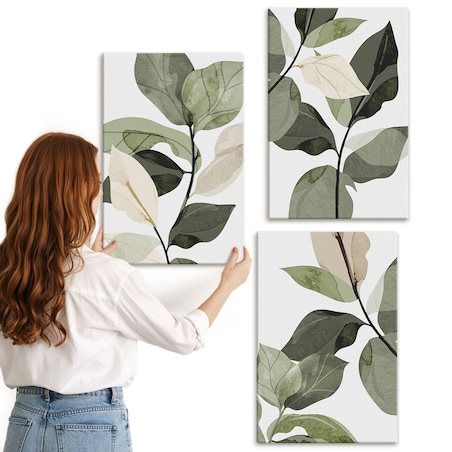Zestaw 3 dużych obrazów na płótnie - Malowane liście roślin boho boho - zielony