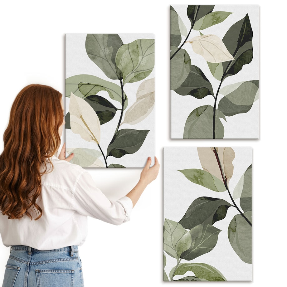 Zestaw 3 dużych obrazów na płótnie - Malowane liście roślin boho boho - zielony