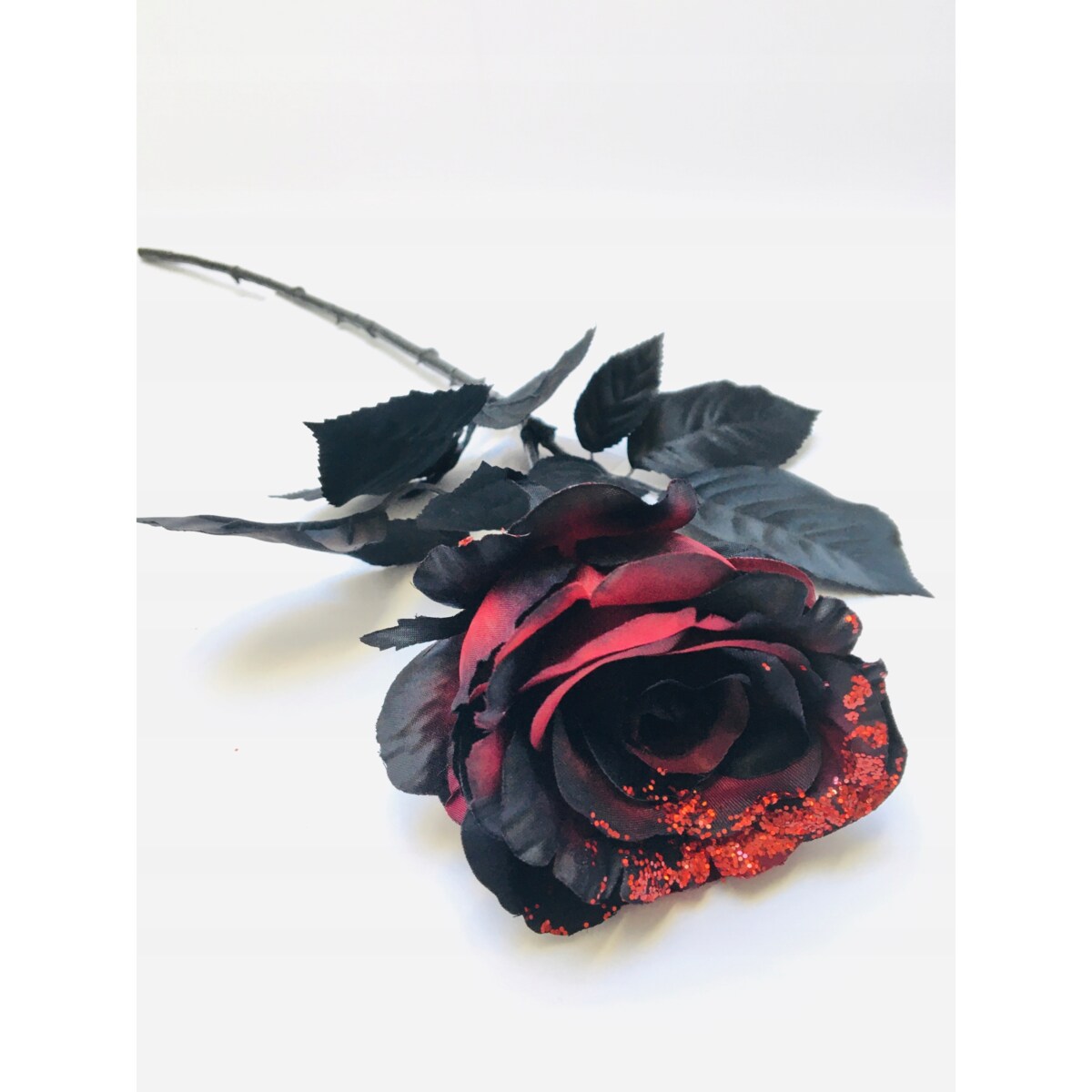 ŁODYGA RÓŻA Z BROKATEM czerwono czarna liść do flakonu wazonu święta 65cm