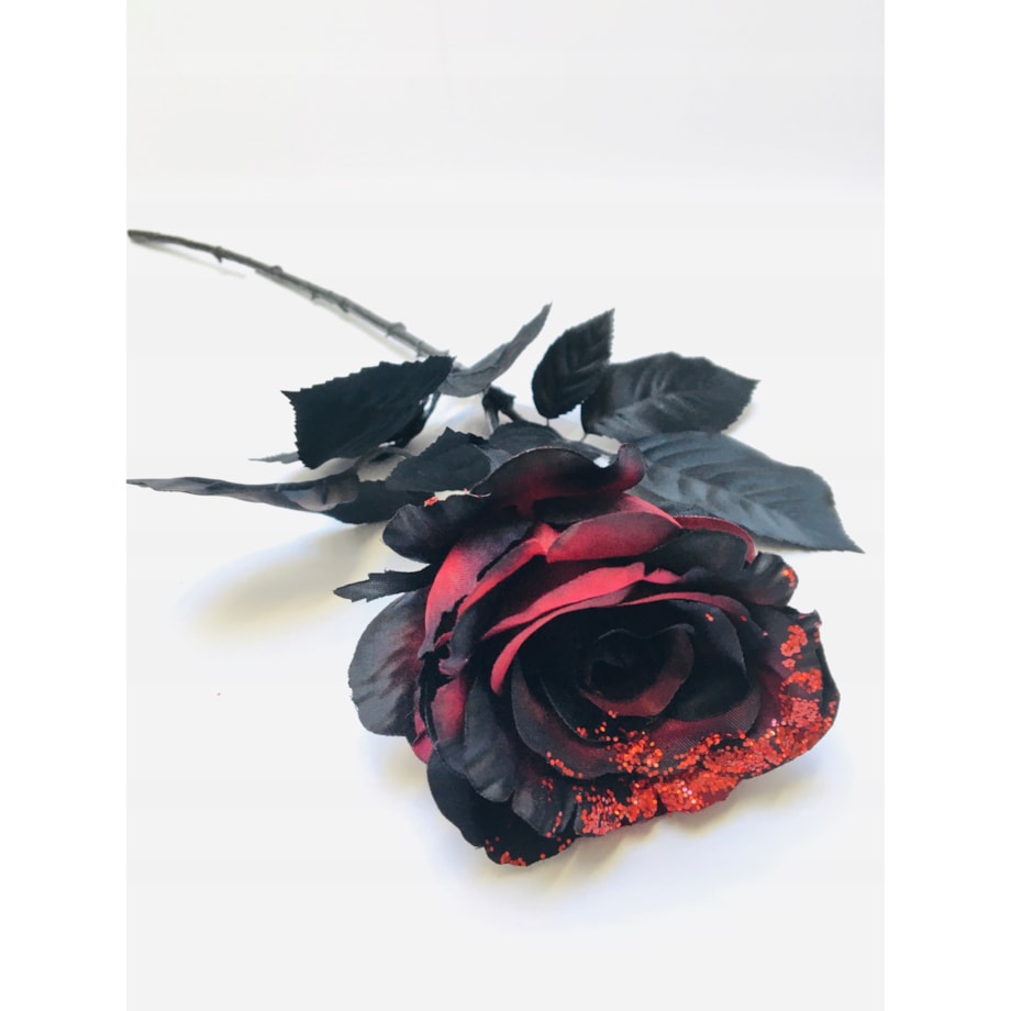 ŁODYGA RÓŻA Z BROKATEM czerwono czarna liść do flakonu wazonu święta 65cm