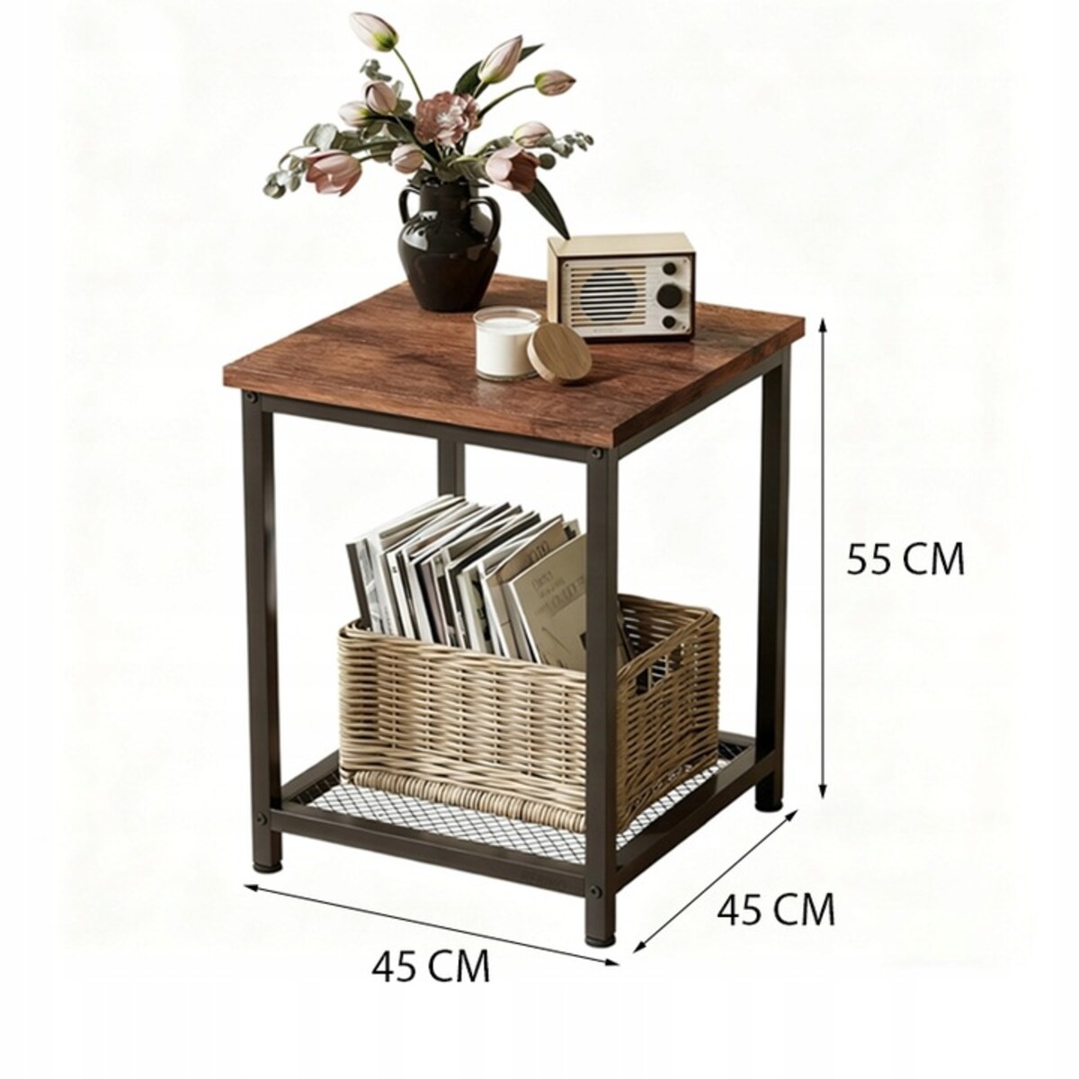 STOLIK KAWOWY KWADRATOWY POMOCNICZY BOCZNY Z PÓŁKĄ RETRO VINTAGE LOFT 55 CM