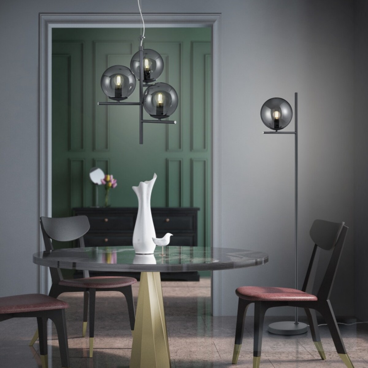 Stojąca LAMPA podłogowa PURE 402000142 Trio modernistyczna OPRAWA szklana kula grafitowa przydymiona