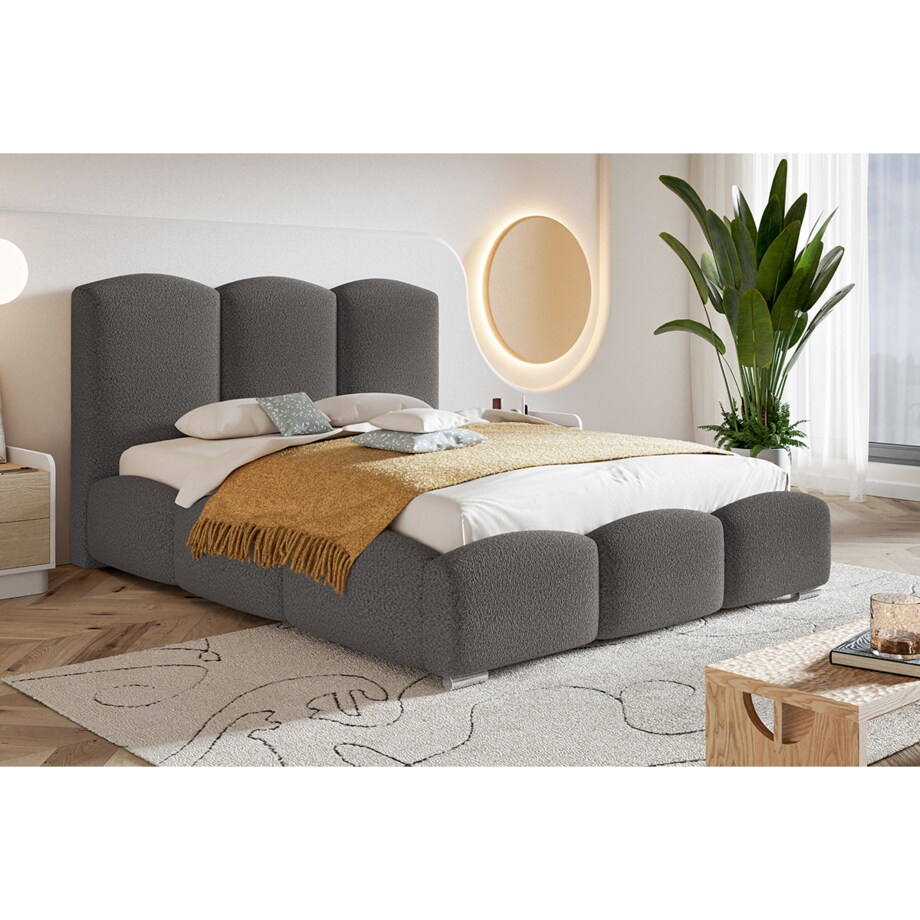 Łóżko tapicerowane 200x200 BEN 14 styl nowoczesny, tkanina boucle - szary