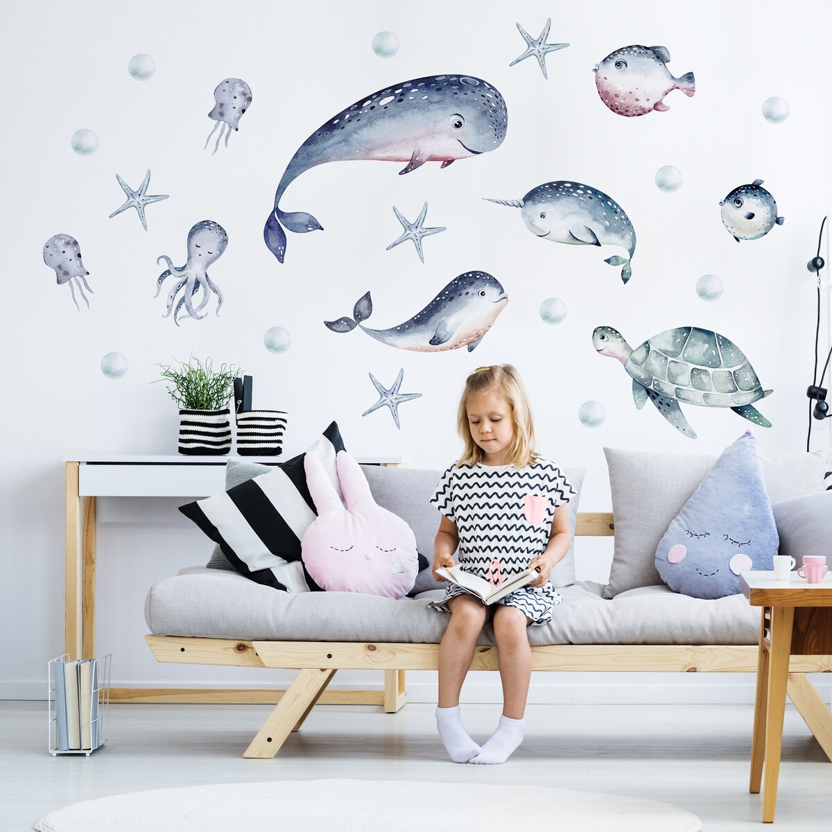 Naklejki Ścienne DLA DZIECI Akwarelowe RYBY Wieloryby Styl Boho ZESTAW 60x30cm