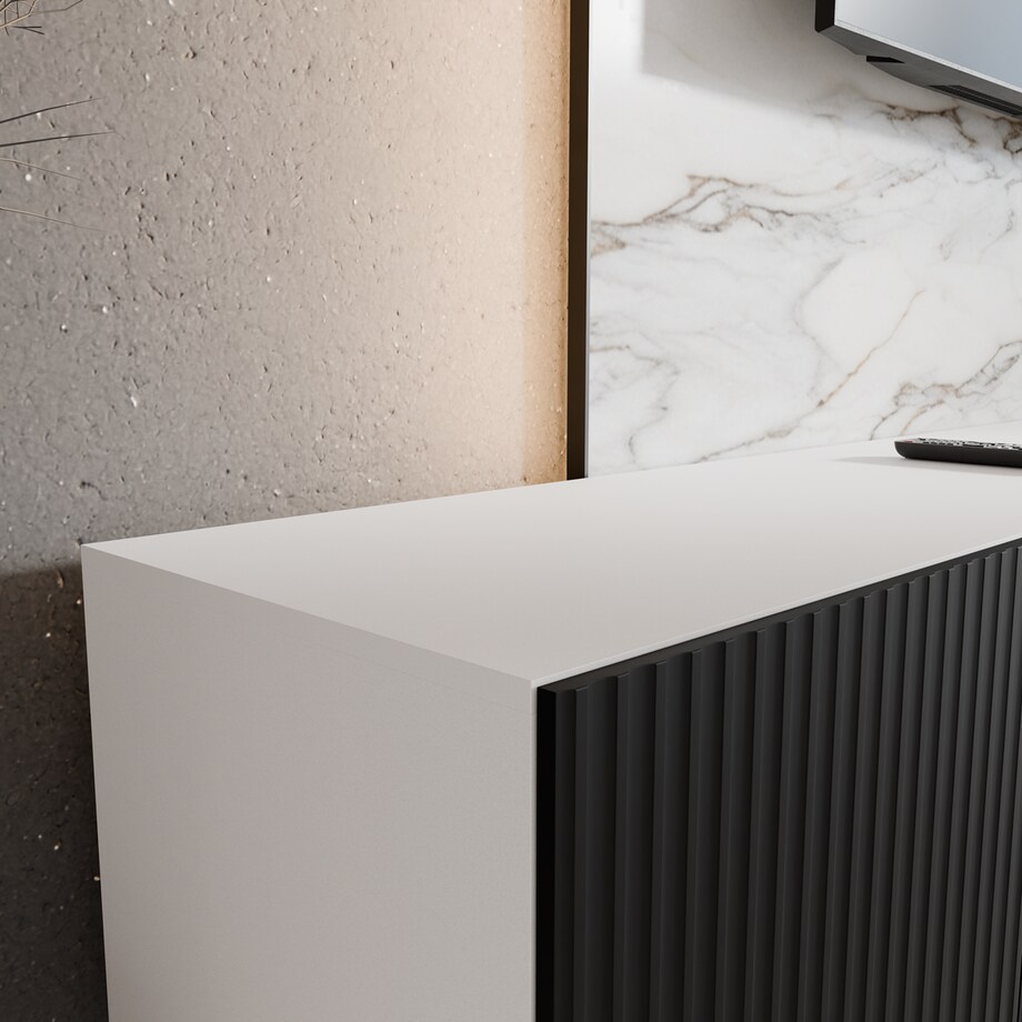 Szafka RTV NOELI 300 otwarta z półkami do salonu, ryflowana-biała+czerny