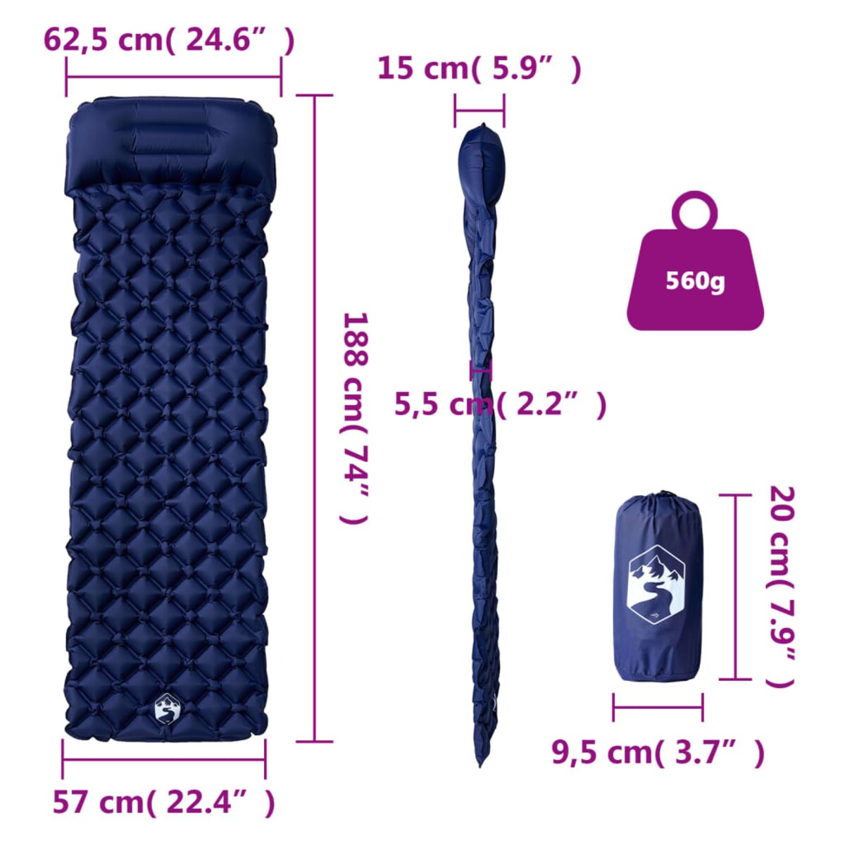 vidaXL Materac kempingowy z poduszką, 1-osobowy, granatowy