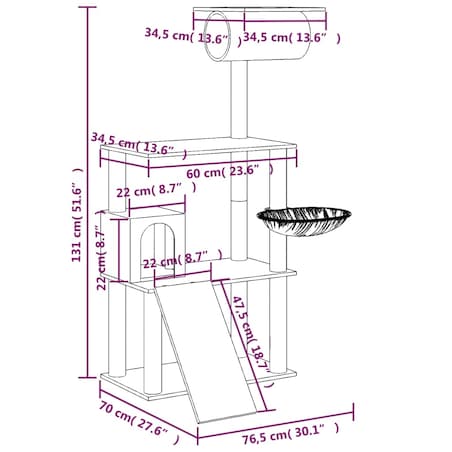 vidaXL Drapak dla kota z sizalowymi słupkami, kremowy, 131 cm
