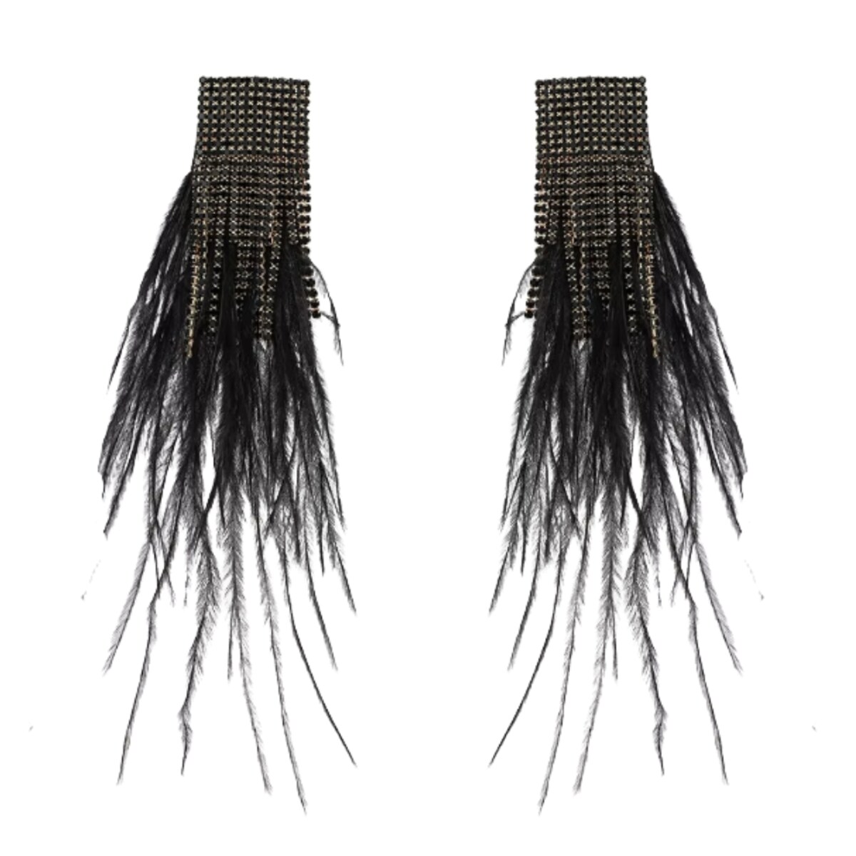 Długie czarne eleganckie kolczyki z piórami i cyrkoniami złota biżuteria