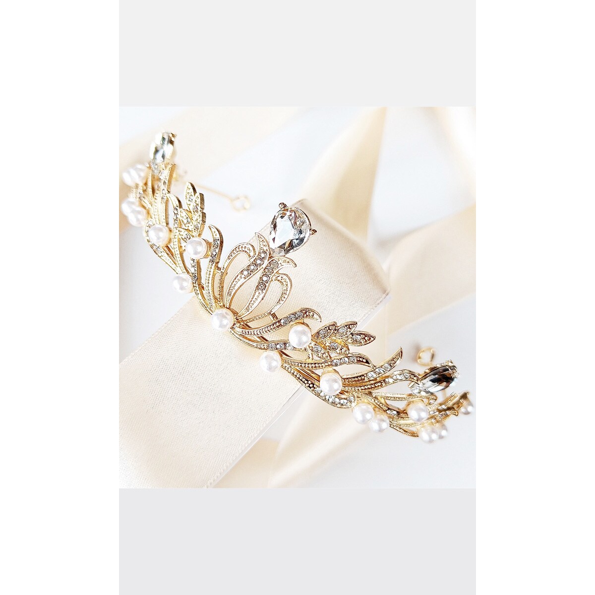 ZŁOTA korona diadem tiara z perłami delikatna listki elegancka ŚLUBNA deko