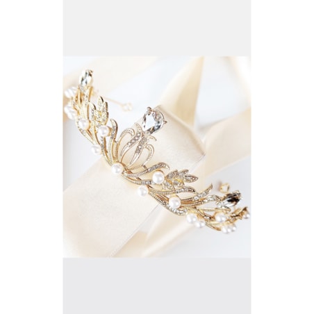 ZŁOTA korona diadem tiara z perłami delikatna listki elegancka ŚLUBNA deko