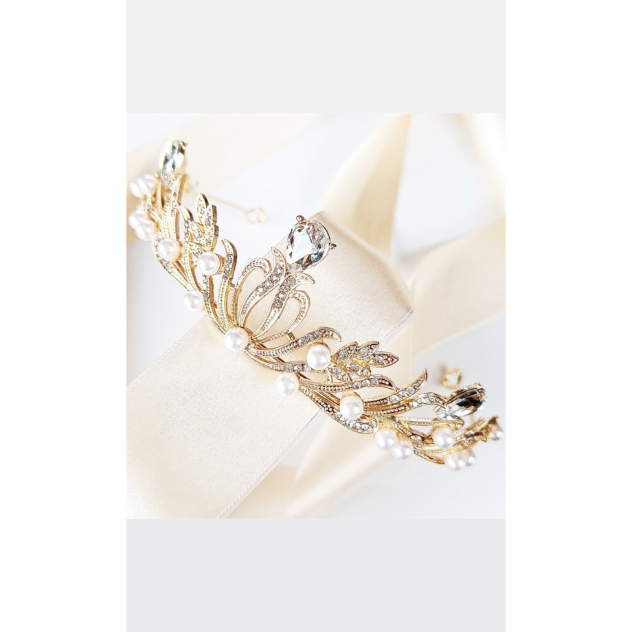 ZŁOTA korona diadem tiara z perłami delikatna listki elegancka ŚLUBNA deko