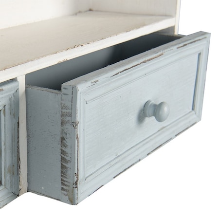 Półka wisząca drewniana z niebieskimi szufladami