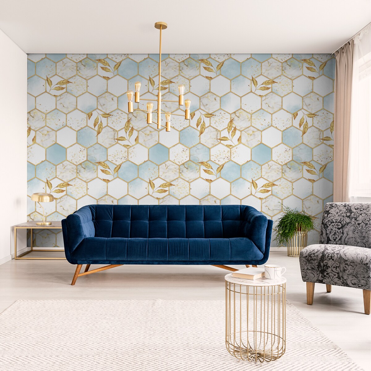 Tapeta MOZAIKA Marmur Liście Heksagony