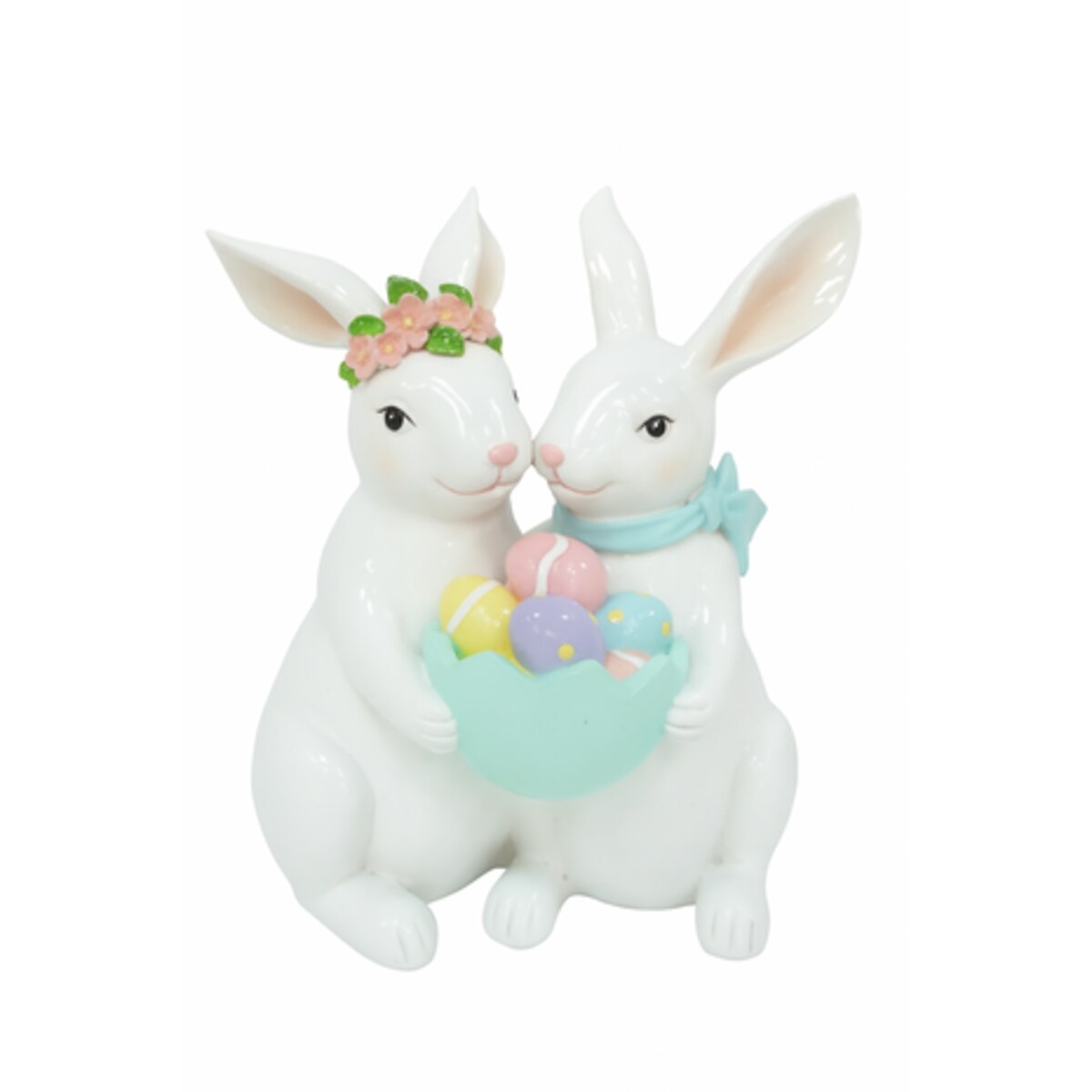 Dekoracja - ceramiczna para króliczków 24,5x21x14 cm z koszykiem pisanek