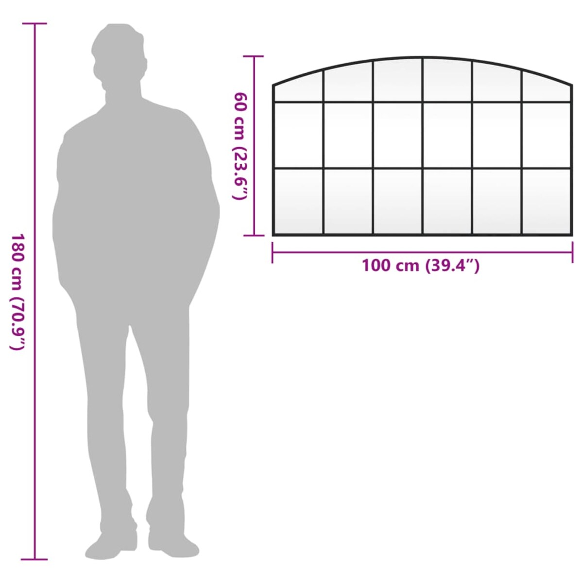 vidaXL Lustro ścienne, czarne, 100x60 cm, zakończone łukiem, żelazo