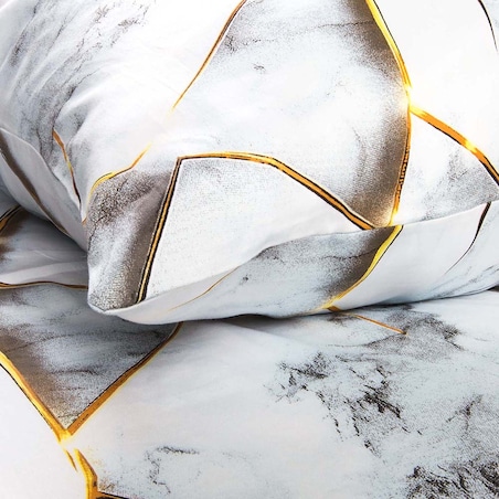 Pościel satyna bawełniana 160x200 Marbela marmur, biała i szara, złote detale, Satynlove