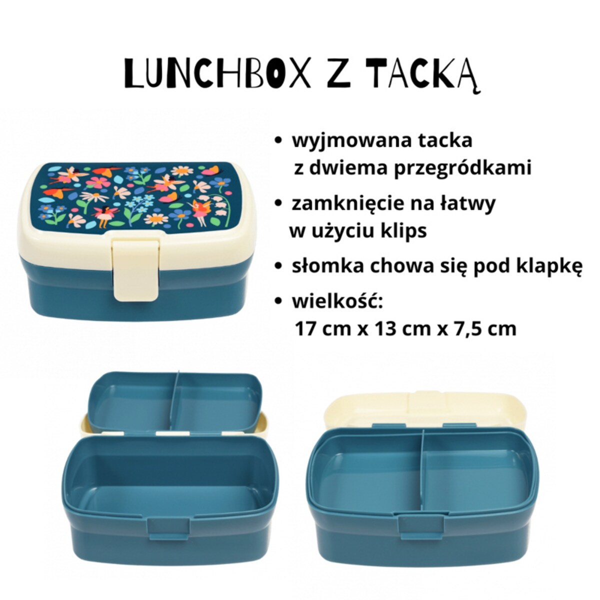 Zestaw do szkoły: bidon ze słomką 500 ml + Lunchbox z tacką Wróżki, Rex London