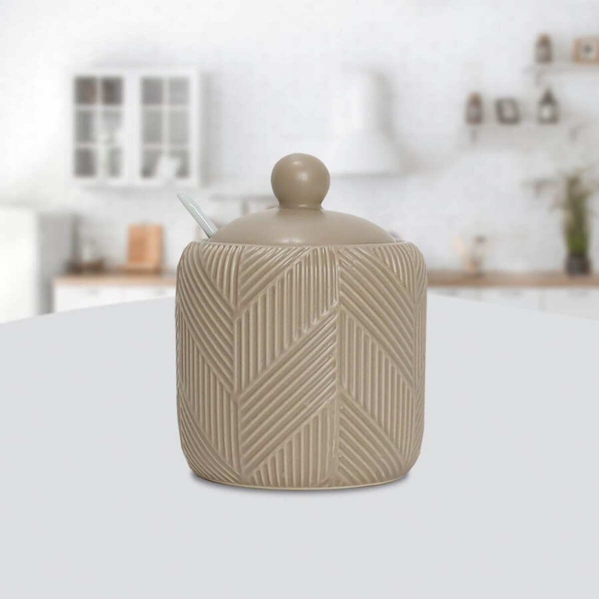 Cukiernica ceramiczna z łyżeczką cukierniczka pojemnik cukier Geometry Beige MAESTRO