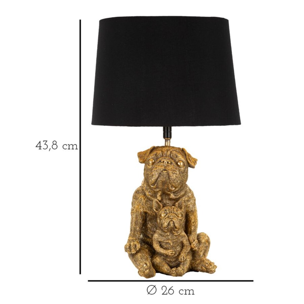 Lampa stołowa Dog, kolor złoty i czarny, żywica syntetyczna, żelazo i tkanina, 26 x 26 x 43,8 cm, 1 x E27, max. 40 W, motyw: pies, Mauro Ferretti