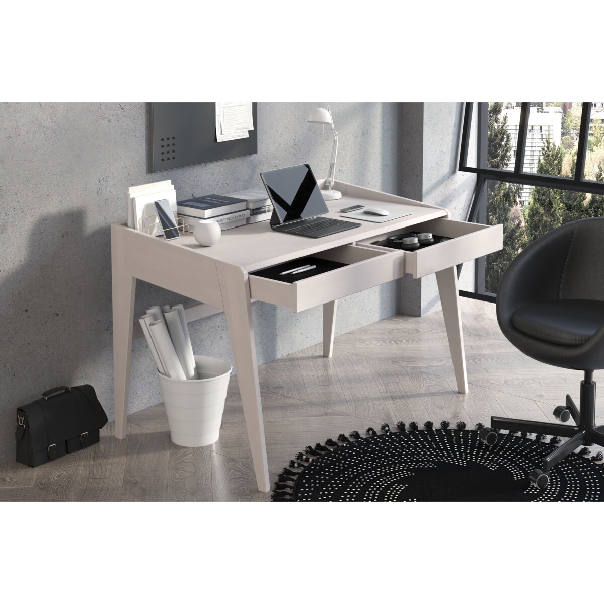 Drewniane bukowe biurko / toaletka z szufladami Visby LISA/ kolor biały