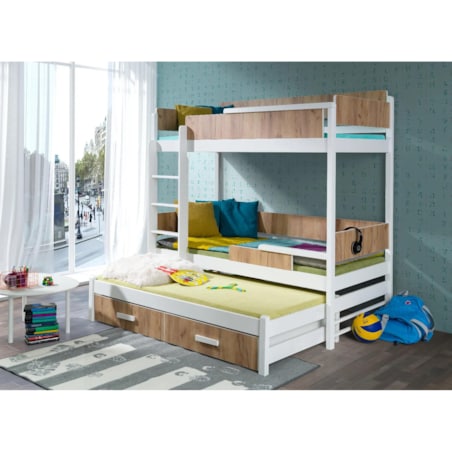Łóżko piętrowe ZALA 180x80 białe/dąb złoty