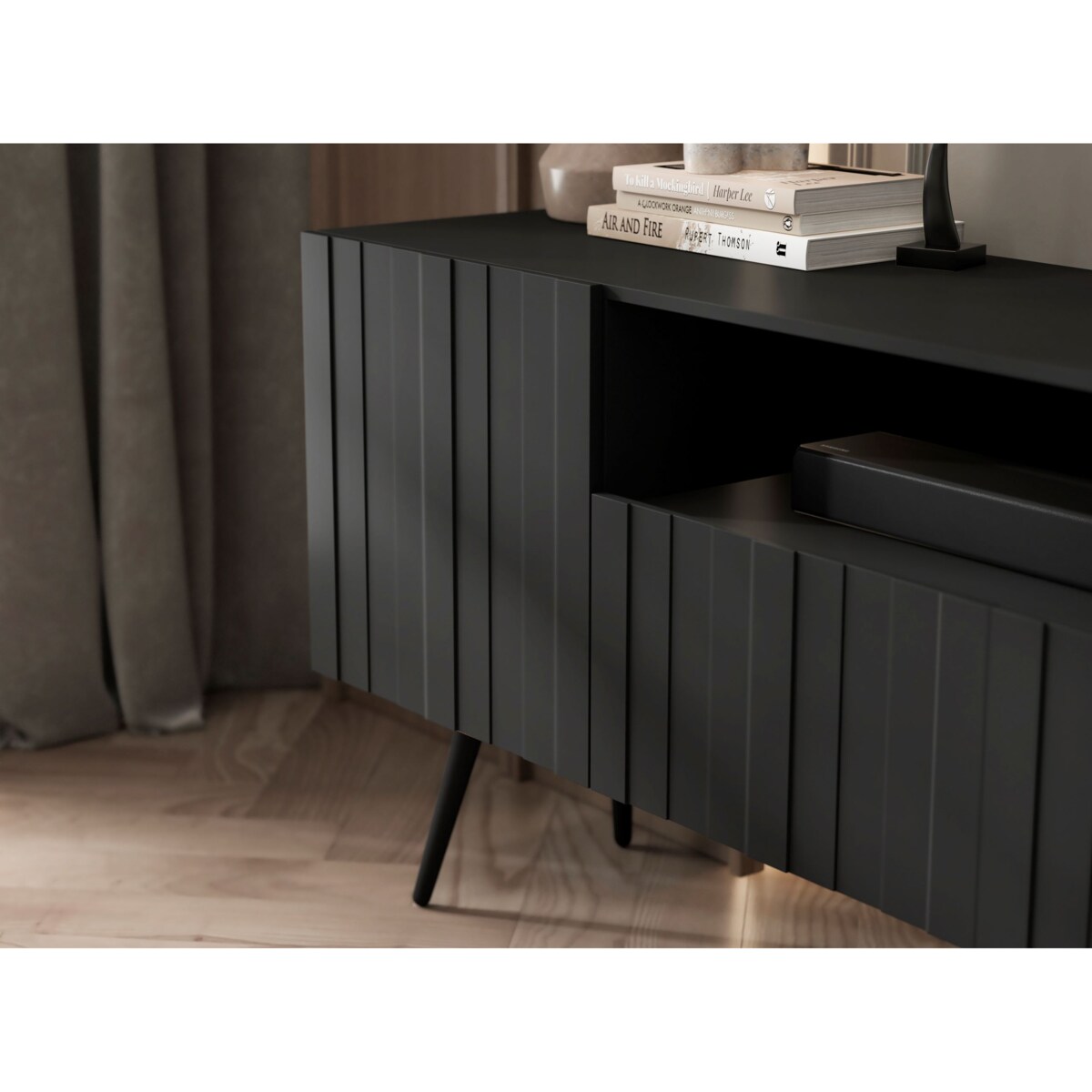 Nowoczesna Komoda RTV Szafka RTV Czarny Mat Glamour Ryflowane fronty Loft Rama 150 cm