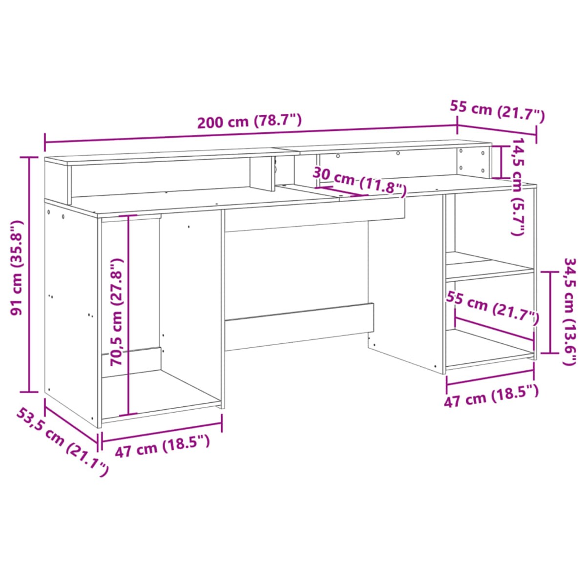 vidaXL Biurko z podświetleniem LED, czarne, 200x55x91 cm