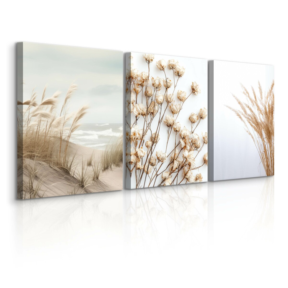 3x Obraz Na Płótnie Do Salonu Set Plaża Morze Trawa Pampasowa Kwiaty 30x40cm