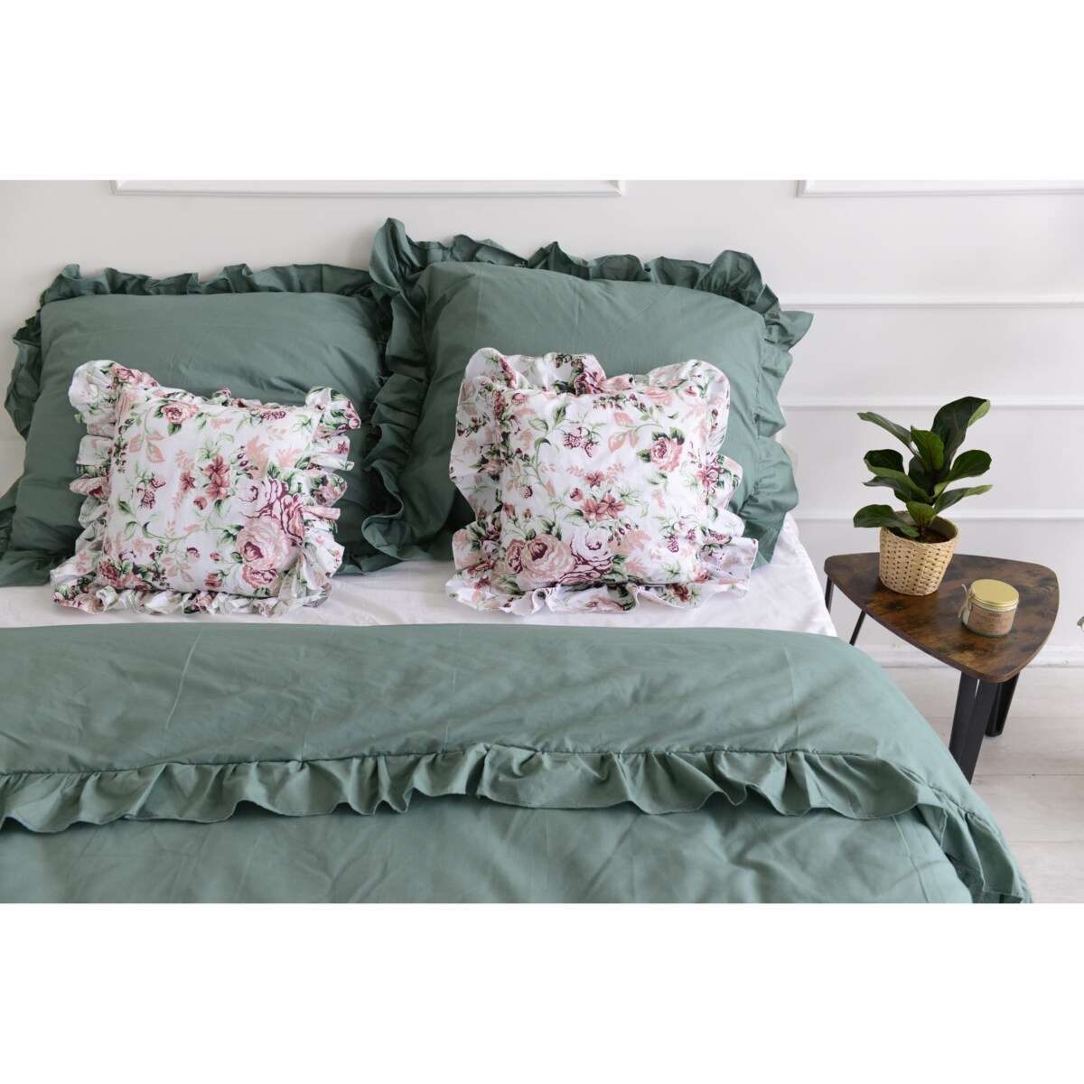 Pościel Bawełniana Z Falbanką Zestaw Komplet Do Sypialni Kołdra + 4 Poduszki 180X200 Cm