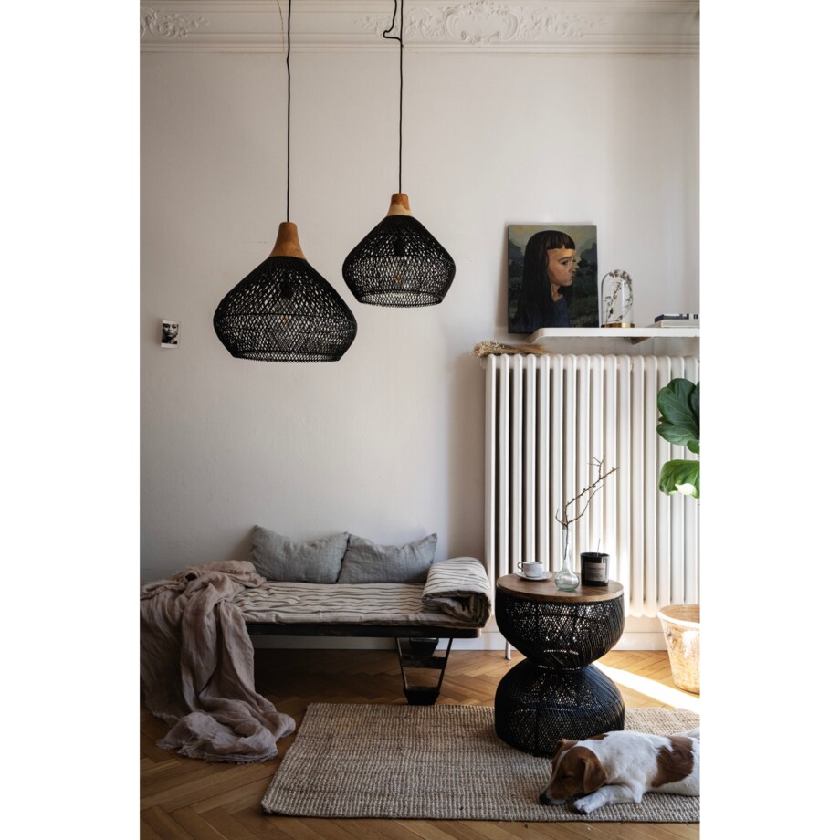 Rattanowa lampa z drewnem teakowym BAND w rozmiarze L - czarna