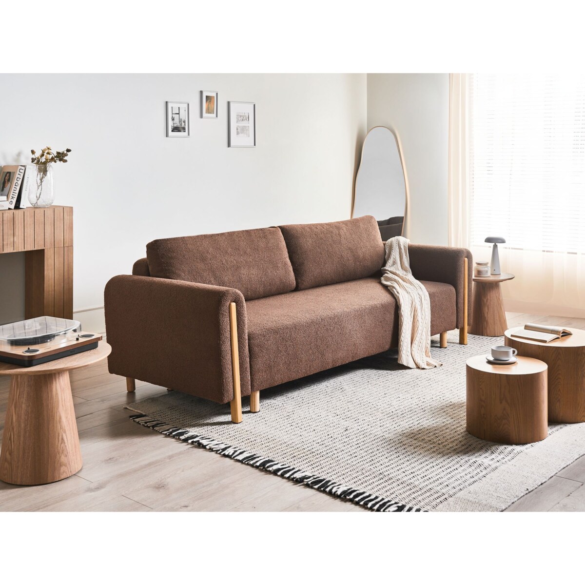 Sofa rozkładana dla 3 osób KVAM Boucle Brązowy ze schowkiem