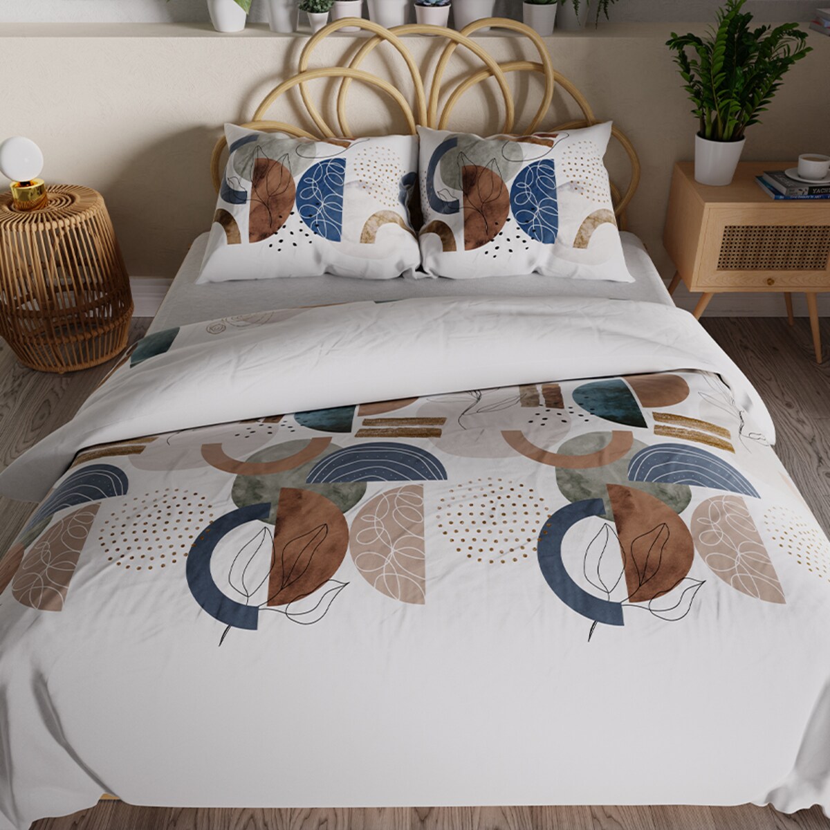 FABIOLA Pościel z bawełny satynowej - geometryczne wzory, beż, granat, brąz - 220x200cm