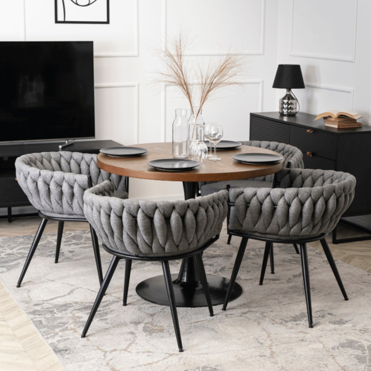 Krzesło Tapicerowane Szare Plecione Do Salonu Glamour EMPOLI