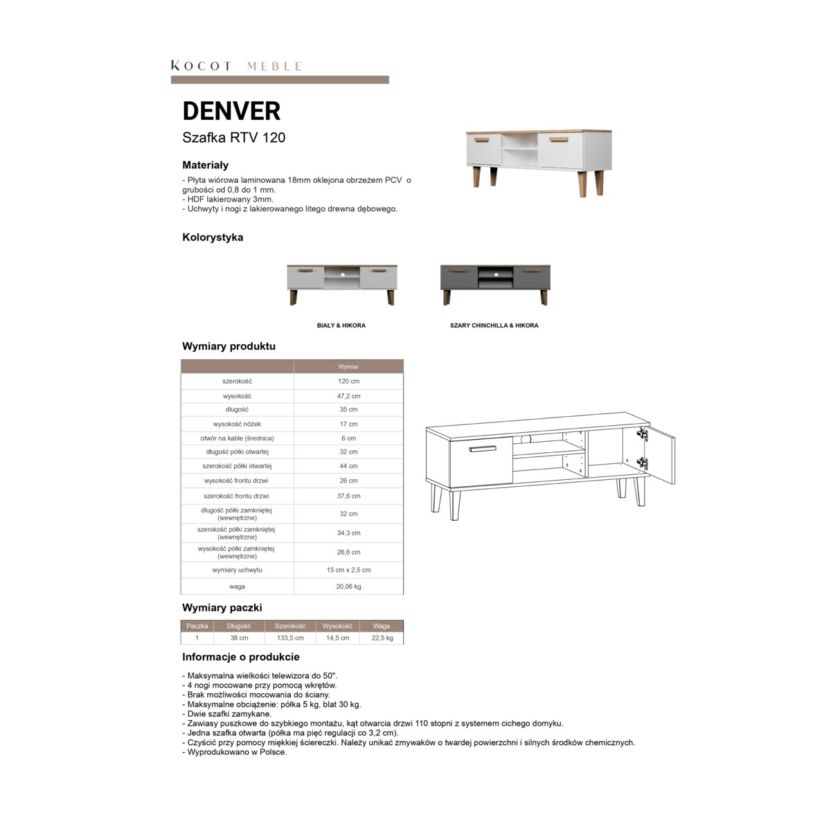 Szafka RTV Denver 120 szary chinchilla & hikora