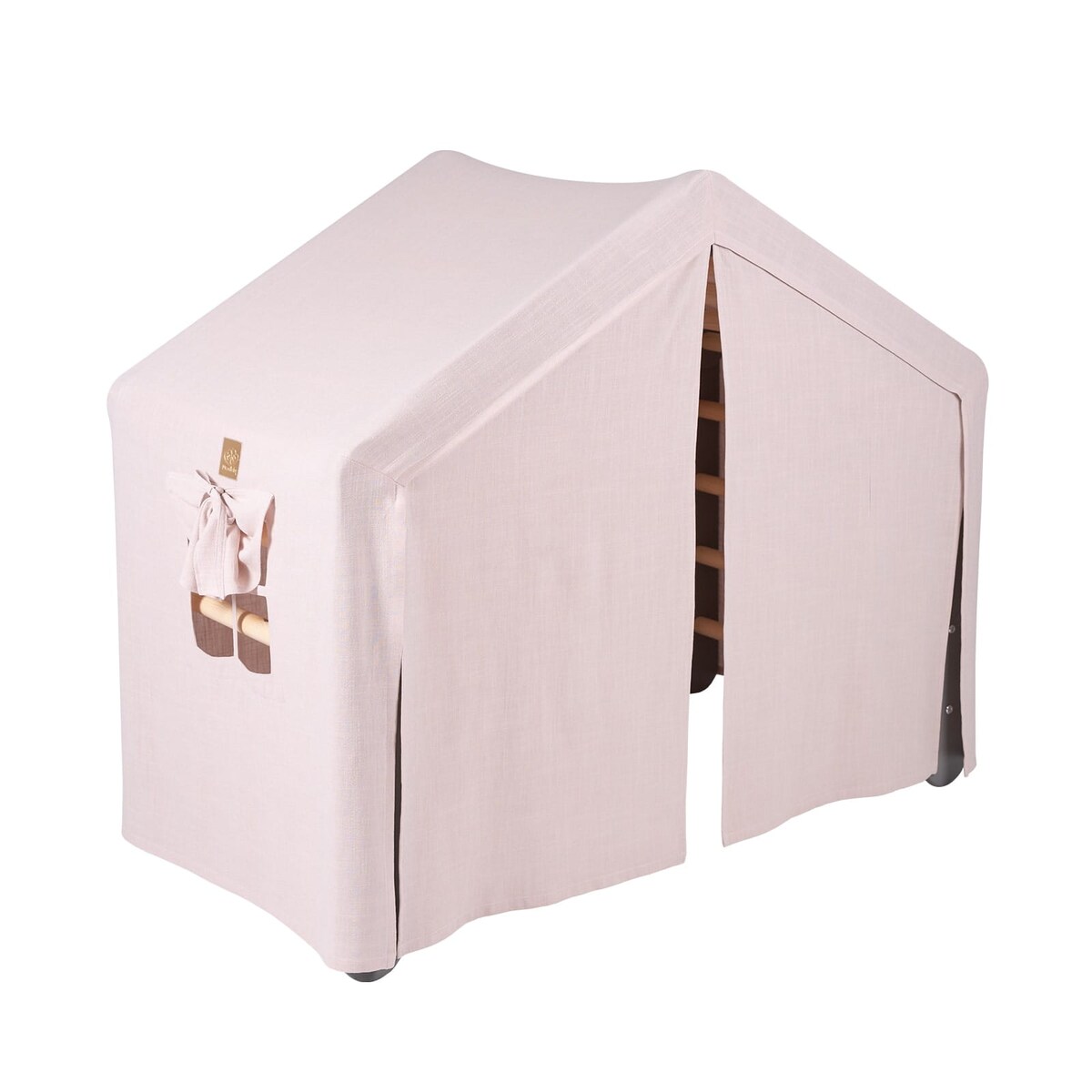 Duży Domek z Drabinką dla Dzieci 112x61x94cm, Drewno, Len, Wiskoza, Różowy Domek, Szara Drabinka