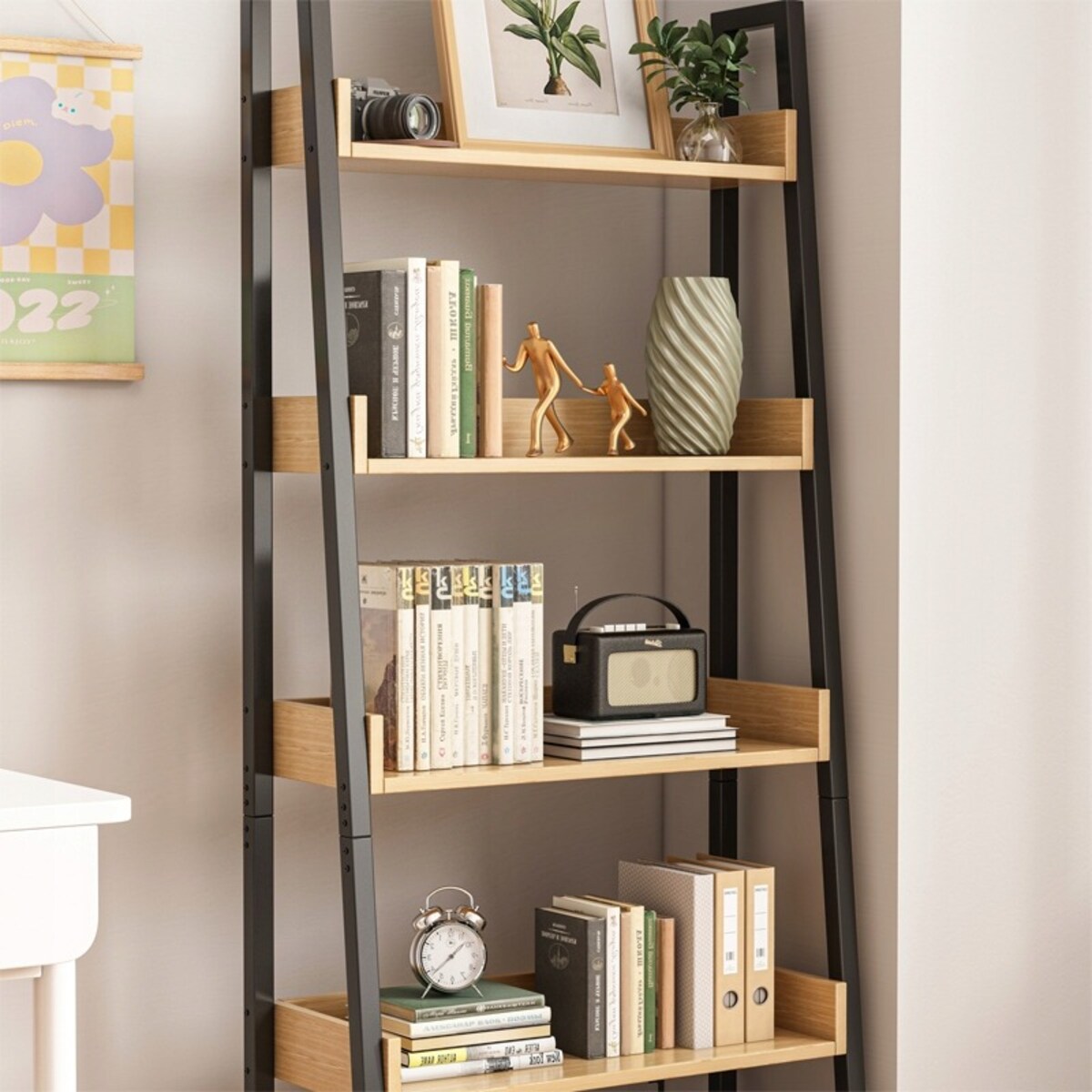 Regał drabinka na książki segregatory dębowy czarny do biura salonu loft
