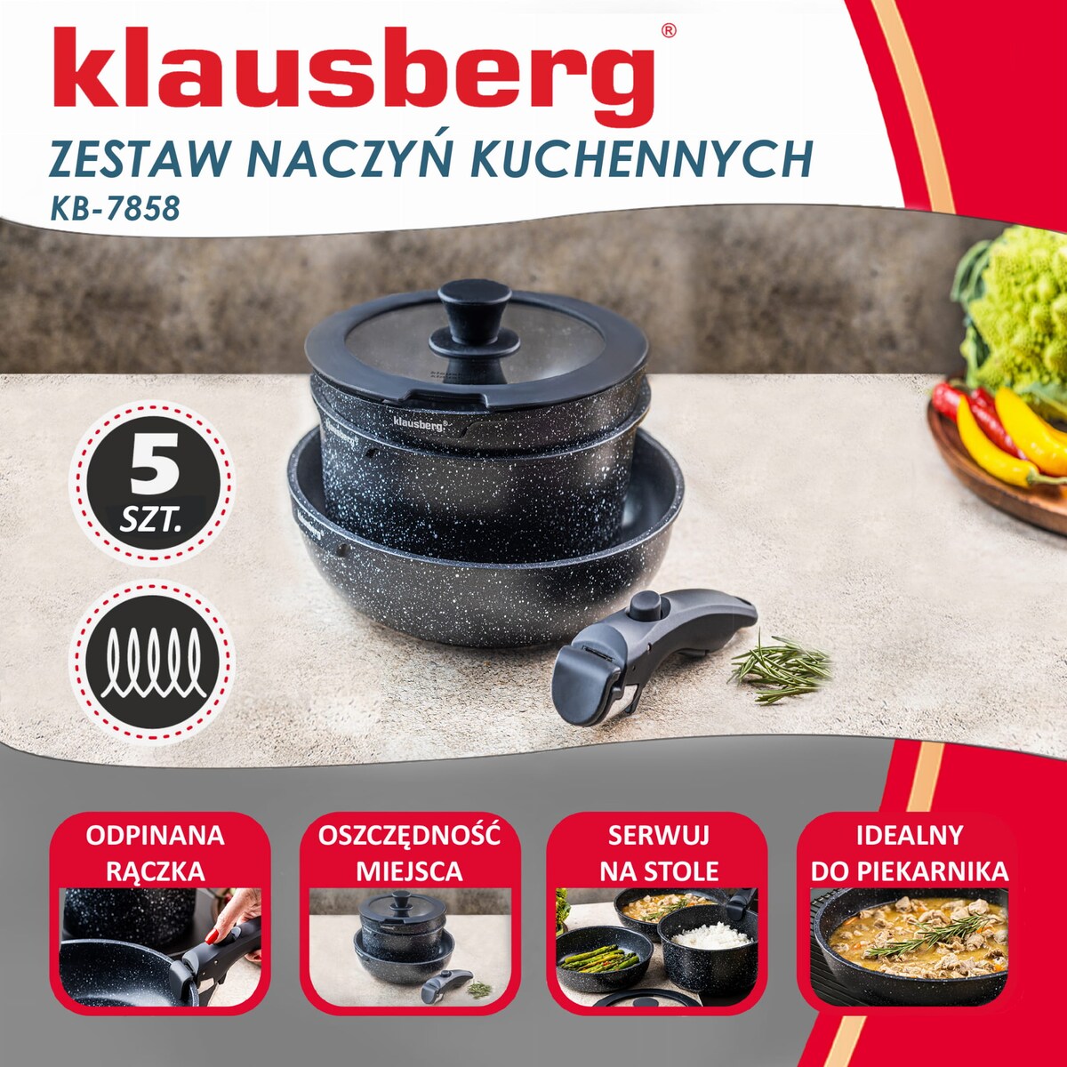 Komplet garnków z marmurkową powłoką nieprzywierającą 5-ele KLAUSBERG