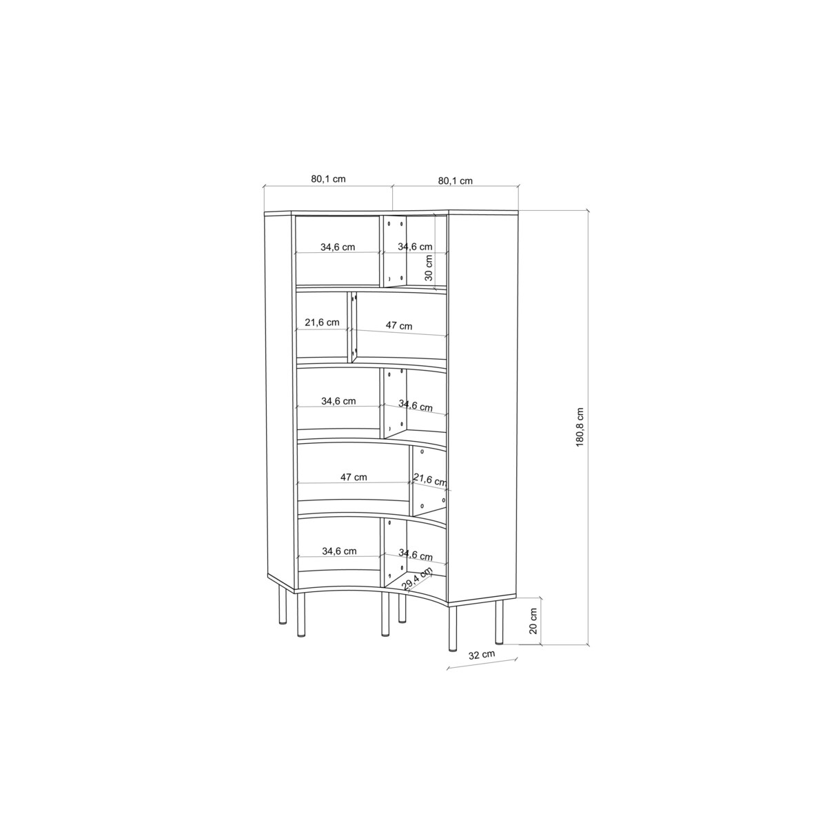 Nowoczesny narożny regał na książki Skandica HORN z czarnymi nogami / czarny / szer. 80 cm