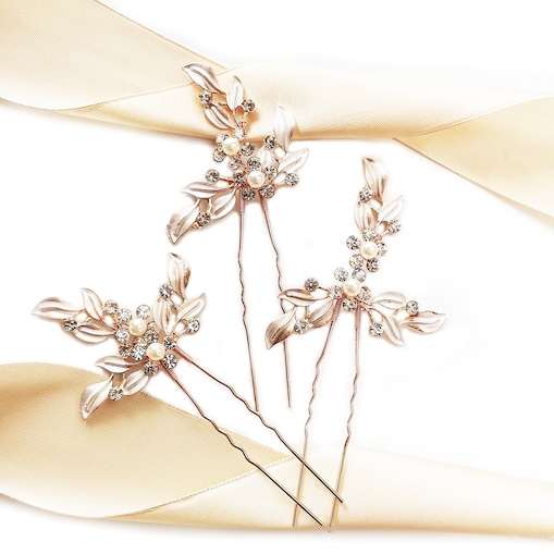 Zestaw wsuwek ślubnych z kwiatami i listkami rose gold