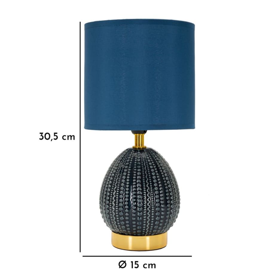Lampa stołowa Flavi, kolor niebieski, ceramika, żelazo i tkanina, 15 x 15 x 30,5 cm, 1 x E14, do salonu i sypialni, Mauro Ferretti
