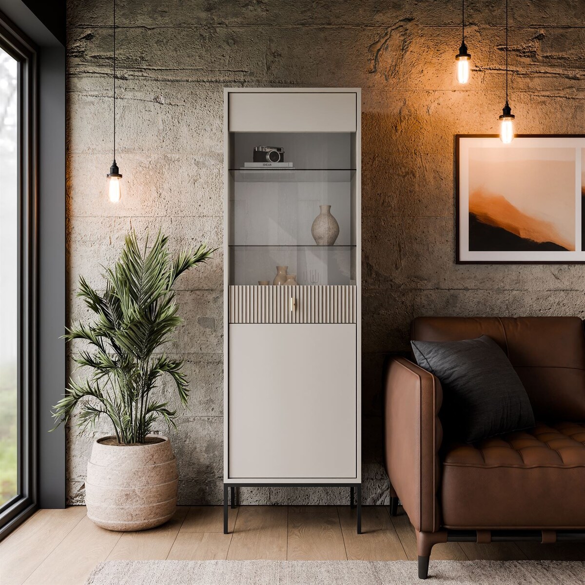 Witryna MIDNIGHT z przeszklonym frontem na stelażu, kaszmir