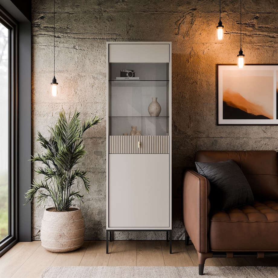 Witryna MIDNIGHT z przeszklonym frontem na stelażu, kaszmir