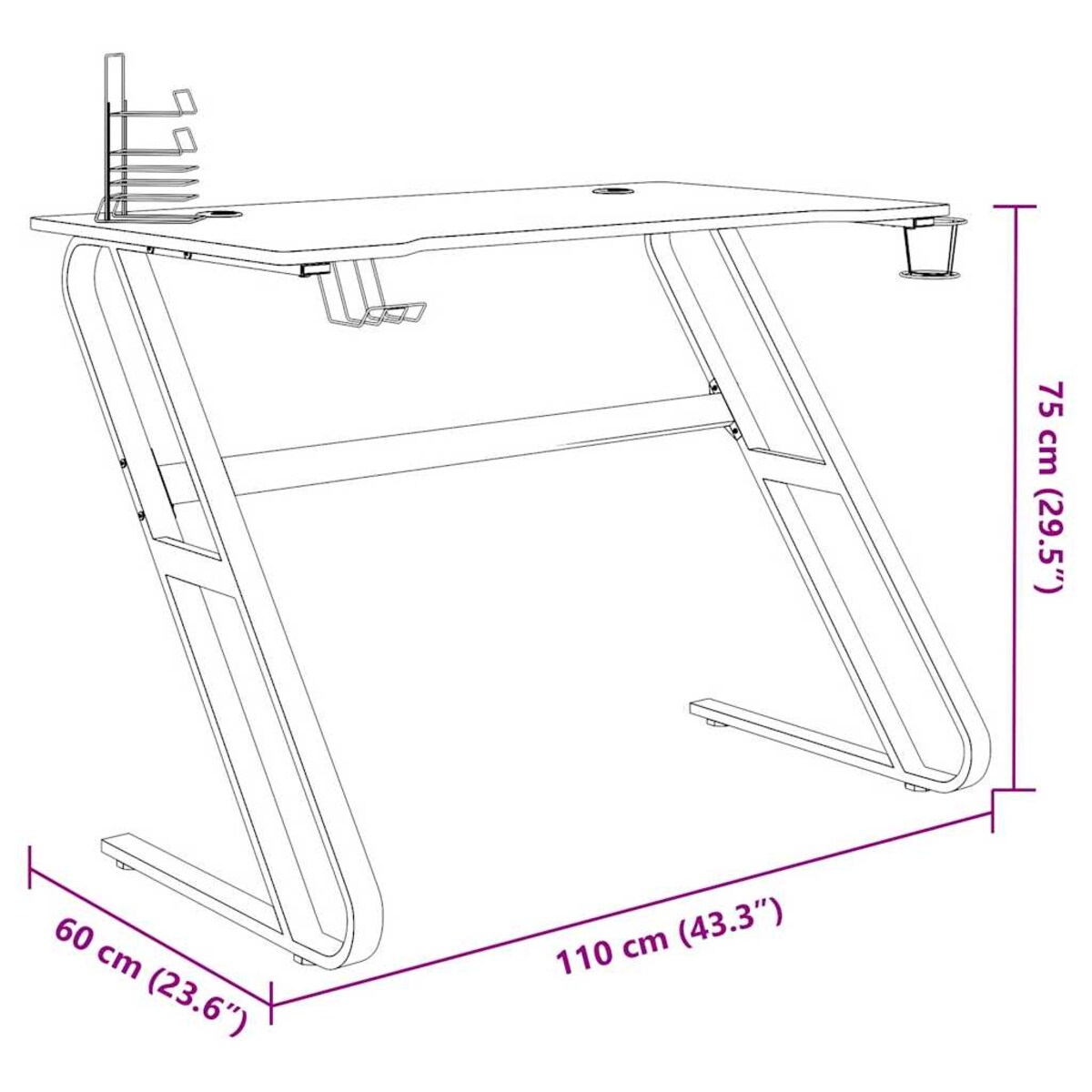 vidaXL Biurko do gier z nogami w kształcie ZZ, czarne, 110x60x75 cm