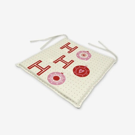 Poduszka świąteczna na krzesło - HO HO HO - bombki - beżowe tło