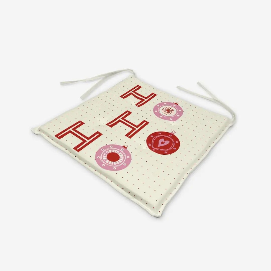 Poduszka świąteczna na krzesło - HO HO HO - bombki - beżowe tło