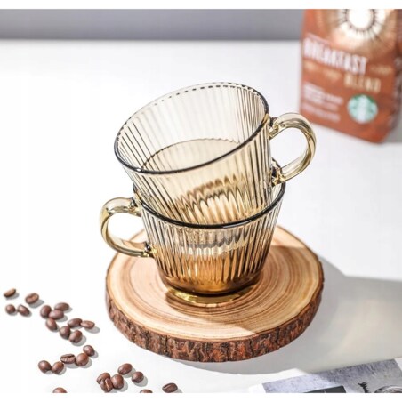 ZESTAW SZKLANEK KUBEK w paski plisy dymny 6x 410 ml na KAWĘ HERBATĘ napoje