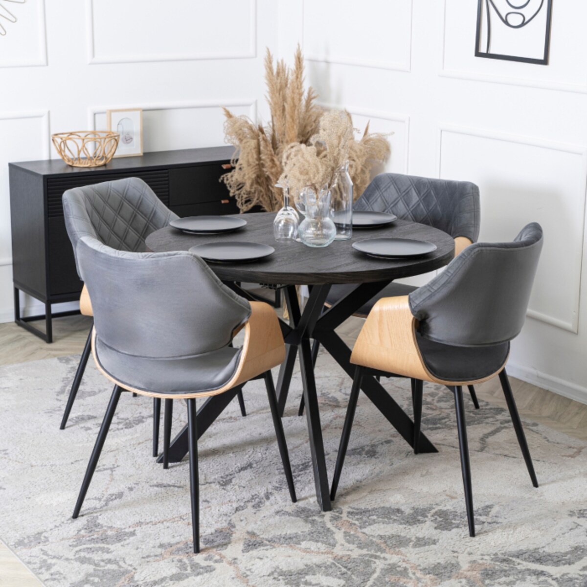 Krzesło Loft Szare Tapicerowane Do Salonu Jadalni Drewno Gięte Dąb DAKOTA