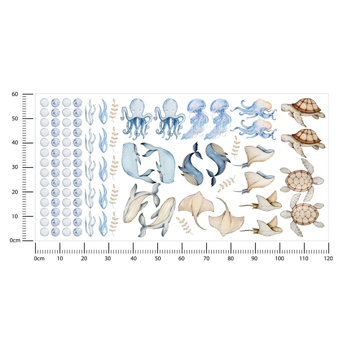 Naklejki Dla Dzieci Morskie Zwierzęta Wieloryby Ośmiornice Płaszczki ZESTAW 120x60cm