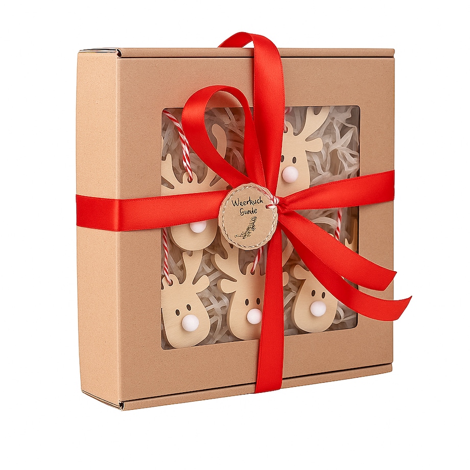 Zawieszki drewniane RENIFERY na choinkę ozdoby zestaw na prezent w pudełku