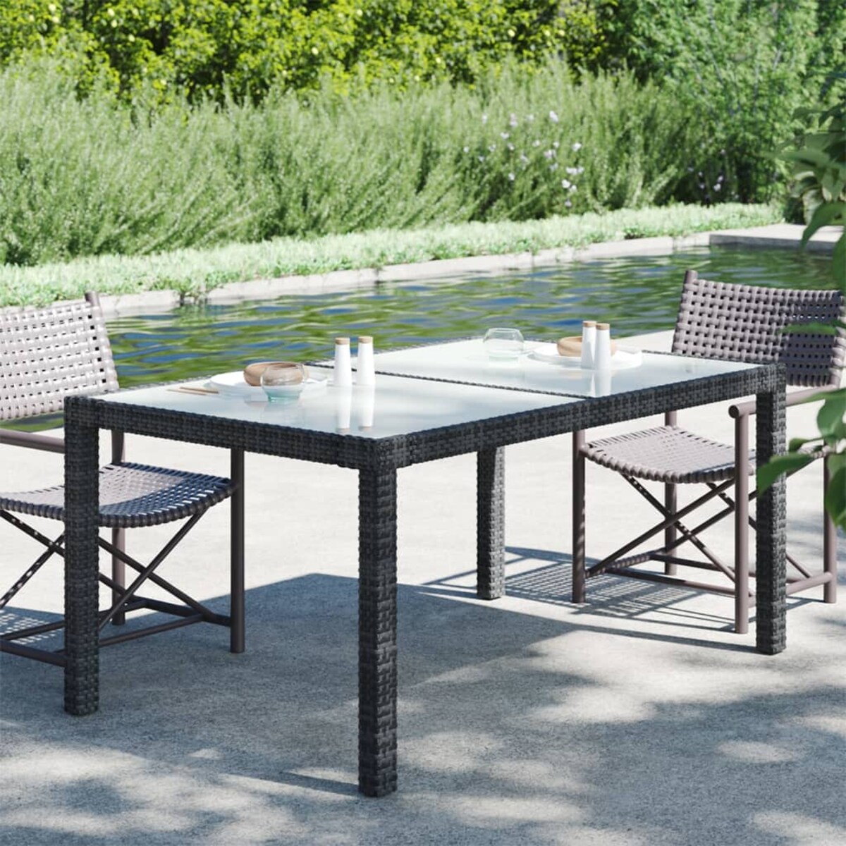 vidaXL Stół ogrodowy, 150x90x75 cm, szkło i rattan PE, czarny